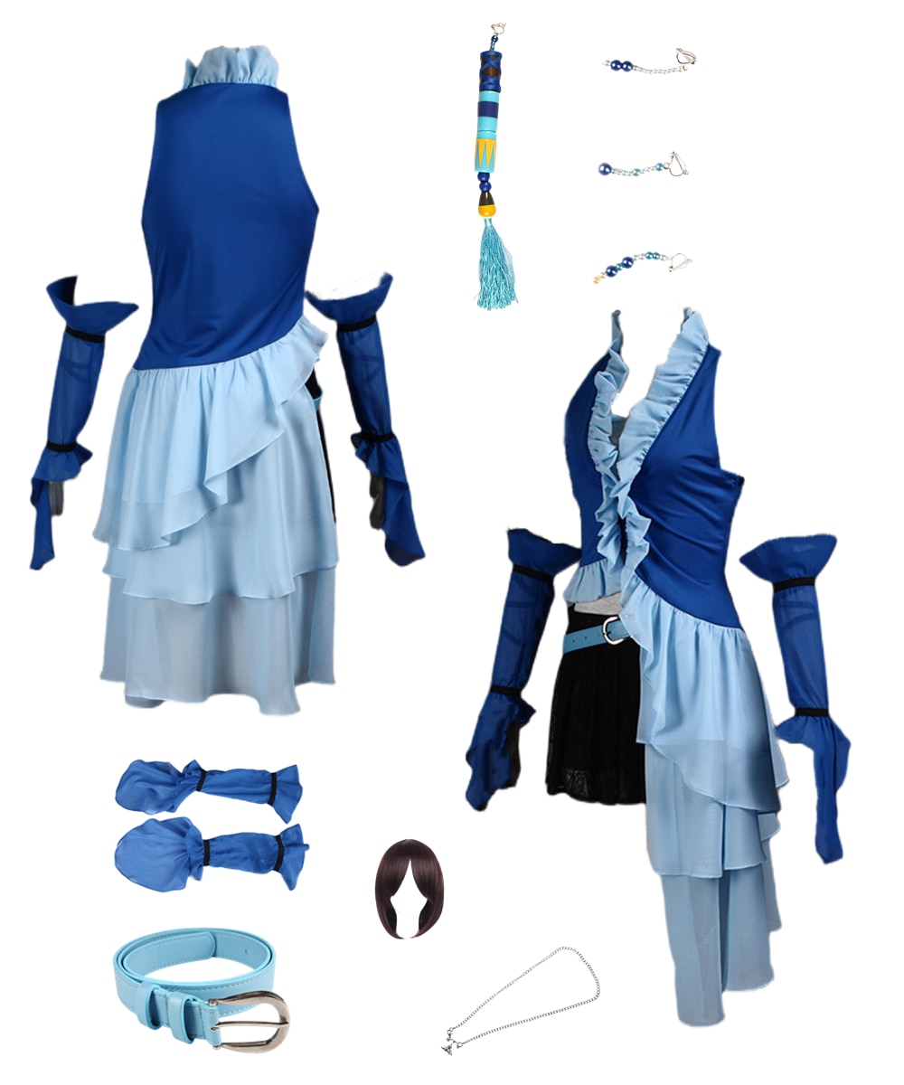 Anime Game Cosplay Final Fantasy X Yuna Cosplay Blue Dress Brown Wig Women&s Suit Halloween Costume